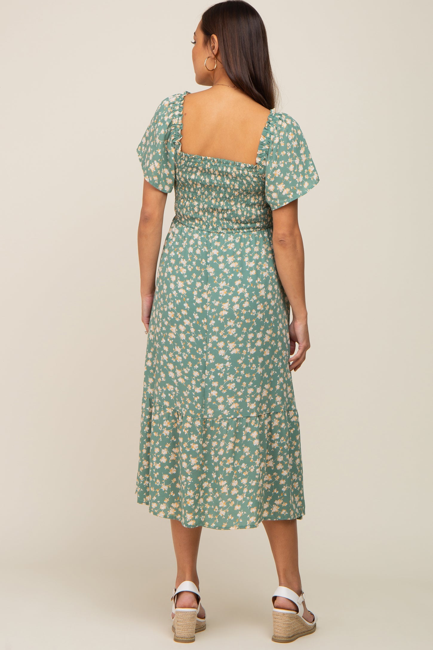 Light Olive Floral Smocked Maternity Midi Dress