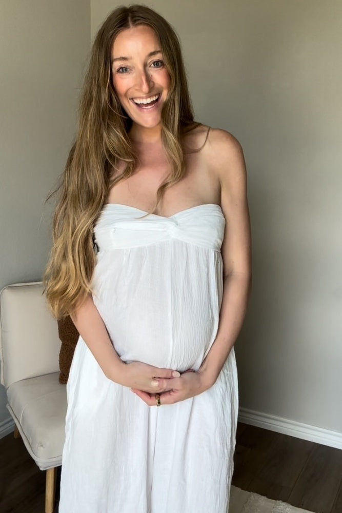 White Strapless Front Twist Maternity Jumpsuit