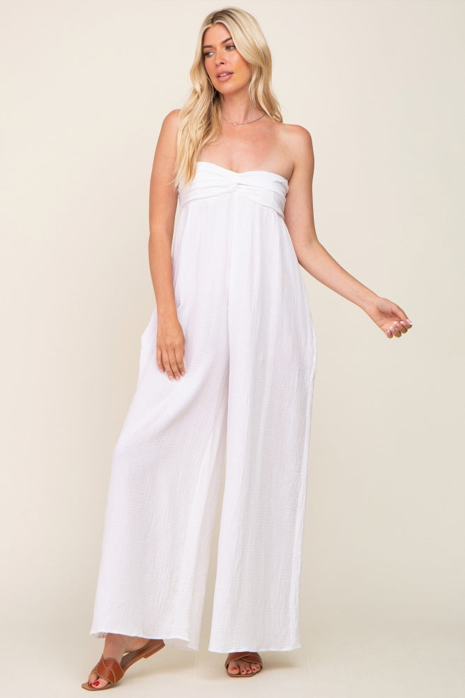 White Strapless Front Twist Maternity Jumpsuit