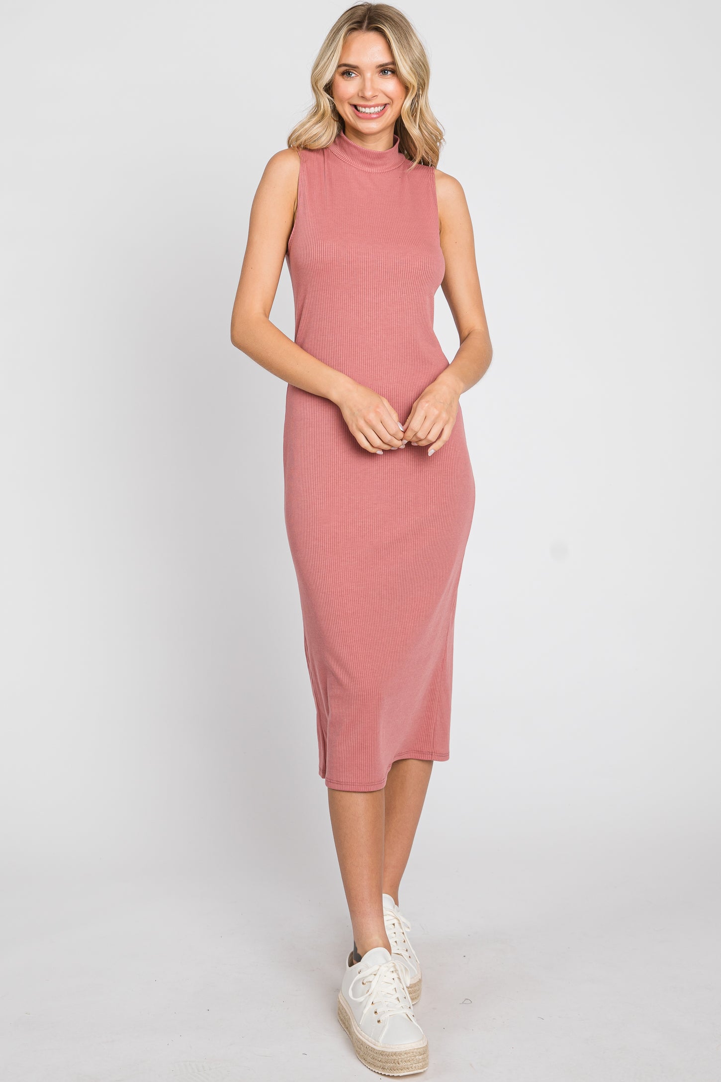 Mauve Ribbed Sleeveless Mock Neck Maternity Midi Dress