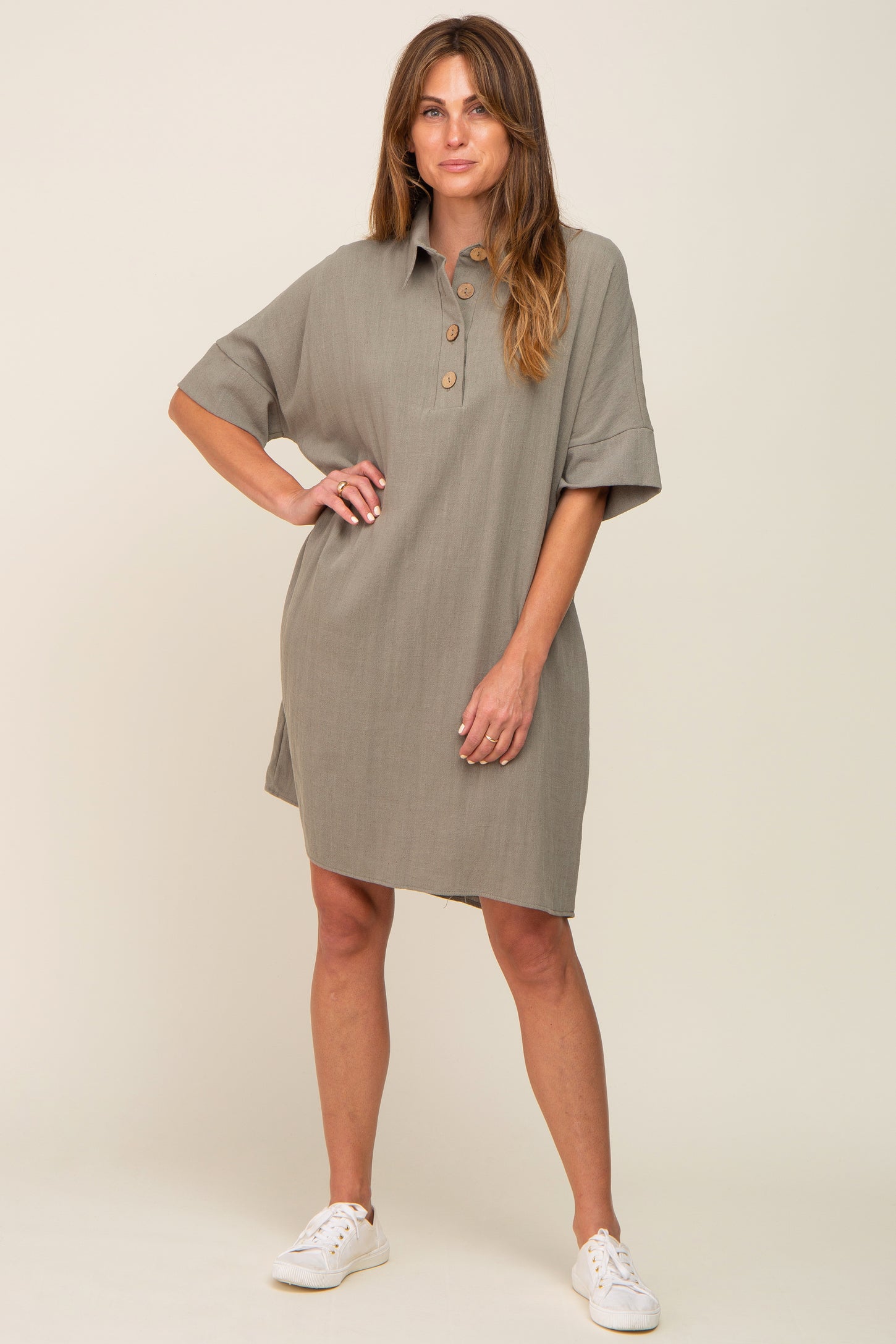 Sage Linen Front Button Collared Maternity Dress