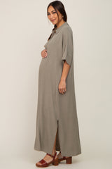 Olive Collared Linen Maternity Maxi Dress