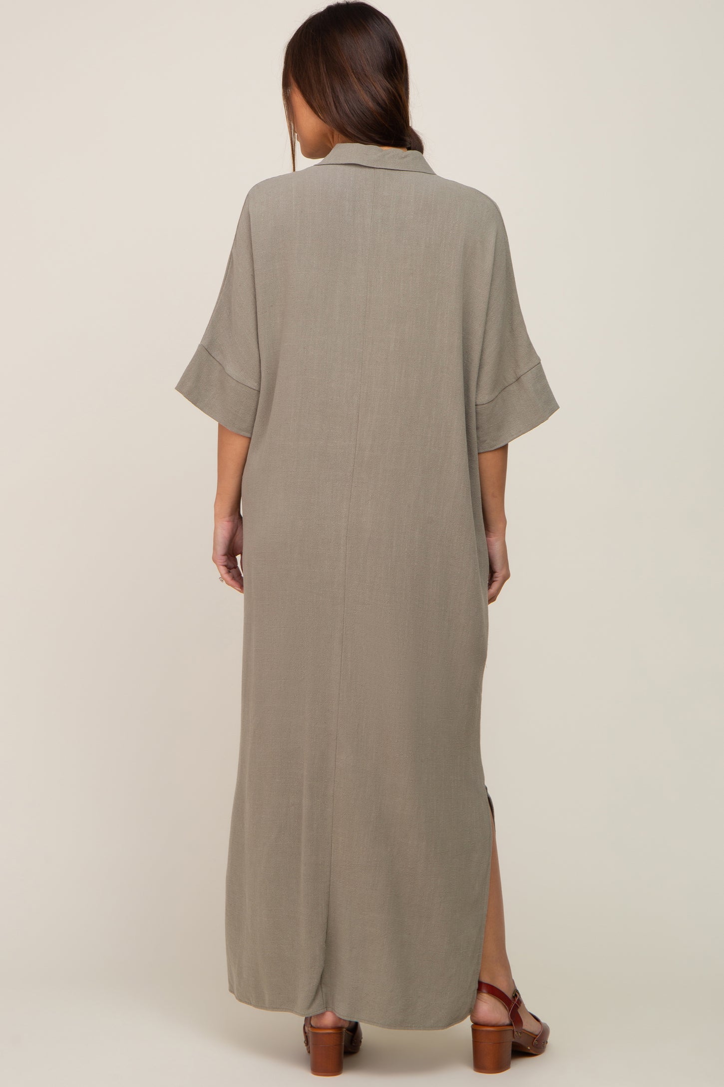 Olive Collared Linen Maternity Maxi Dress