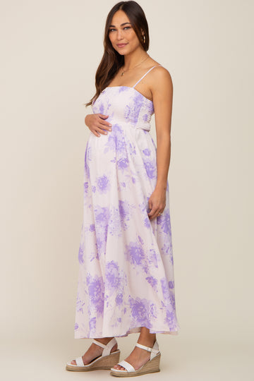 Lavender Floral Sleeveless Smocked Maternity Maxi Dress