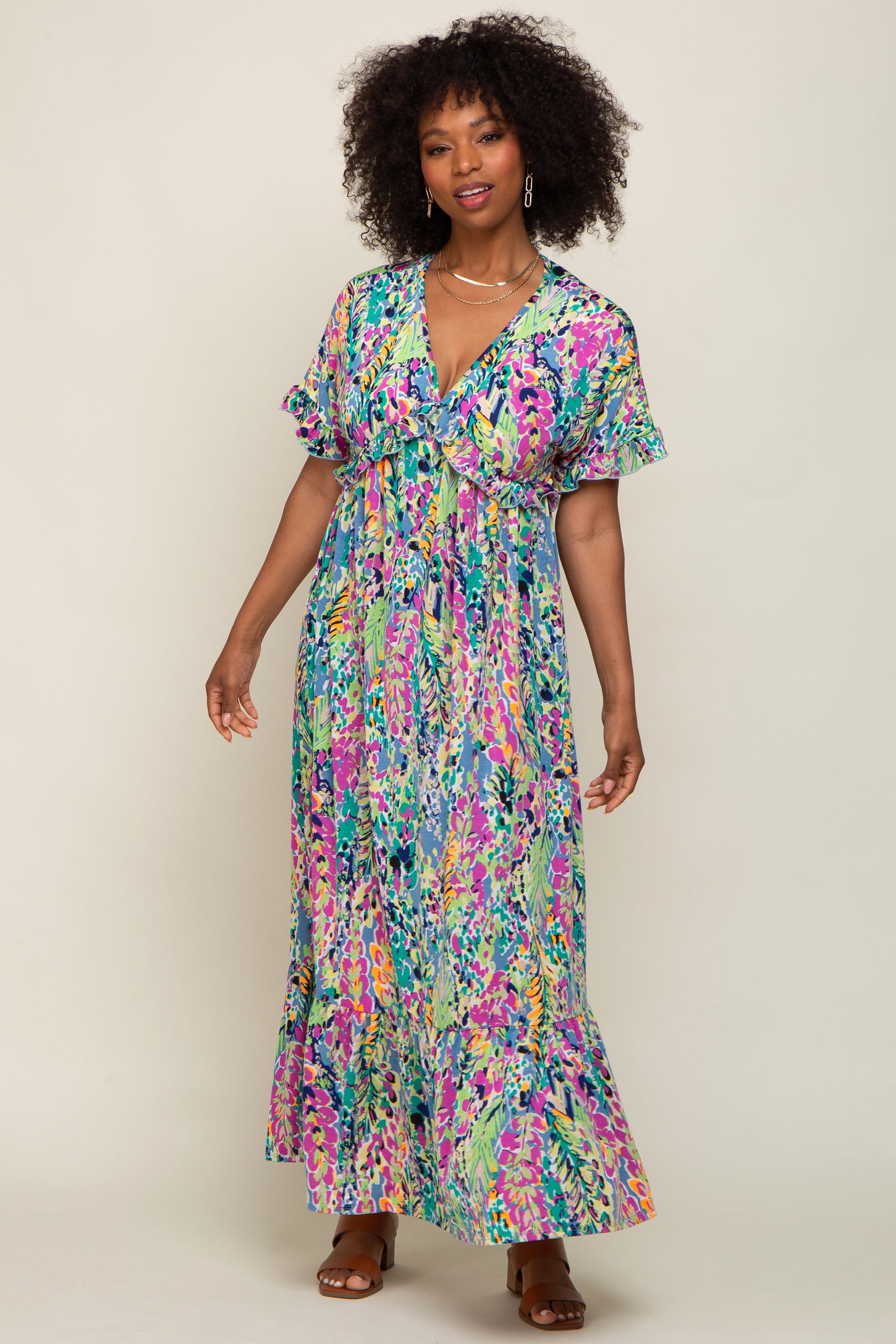 Blue Multi-Color Floral Ruffle Maternity Maxi Dress