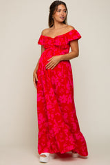 Red Floral Smocked Cinched Top Maternity Maxi Dress