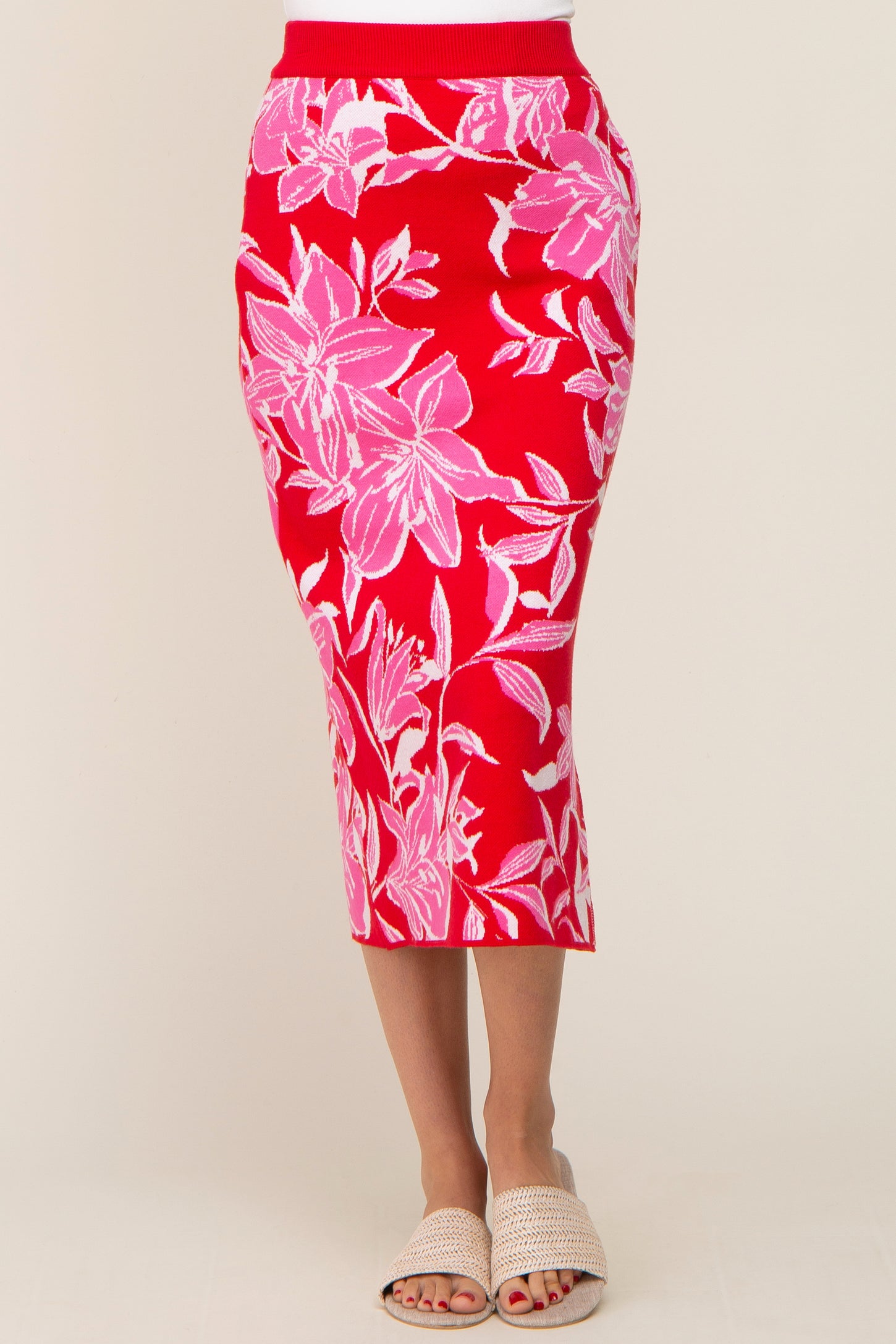Red Floral Knit Midi Skirt