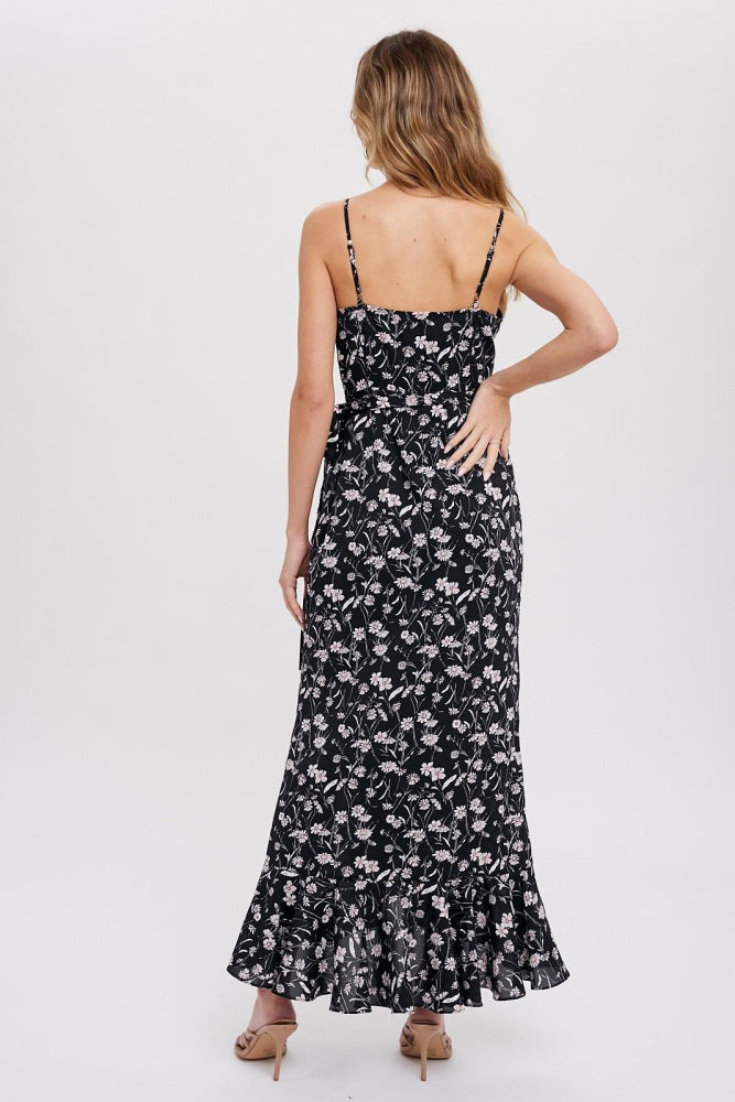 Black Floral Flounce Hi-Lo Wrap Maxi Dress