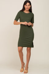 Olive Ribbed Basic Short Sleeve Maternity Dress