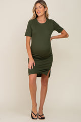 Olive Ribbed Basic Short Sleeve Maternity Dress