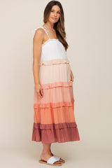 Peach Ombre Ruffle Tiered Shoulder Tie Maternity Midi Dress