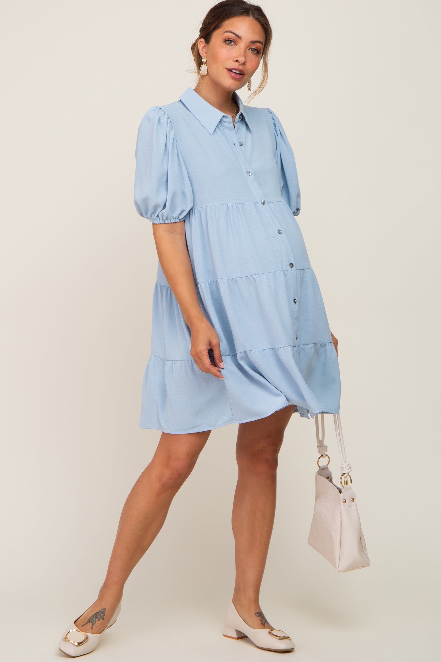 Light Blue Collared Button Front Tiered Maternity Dress