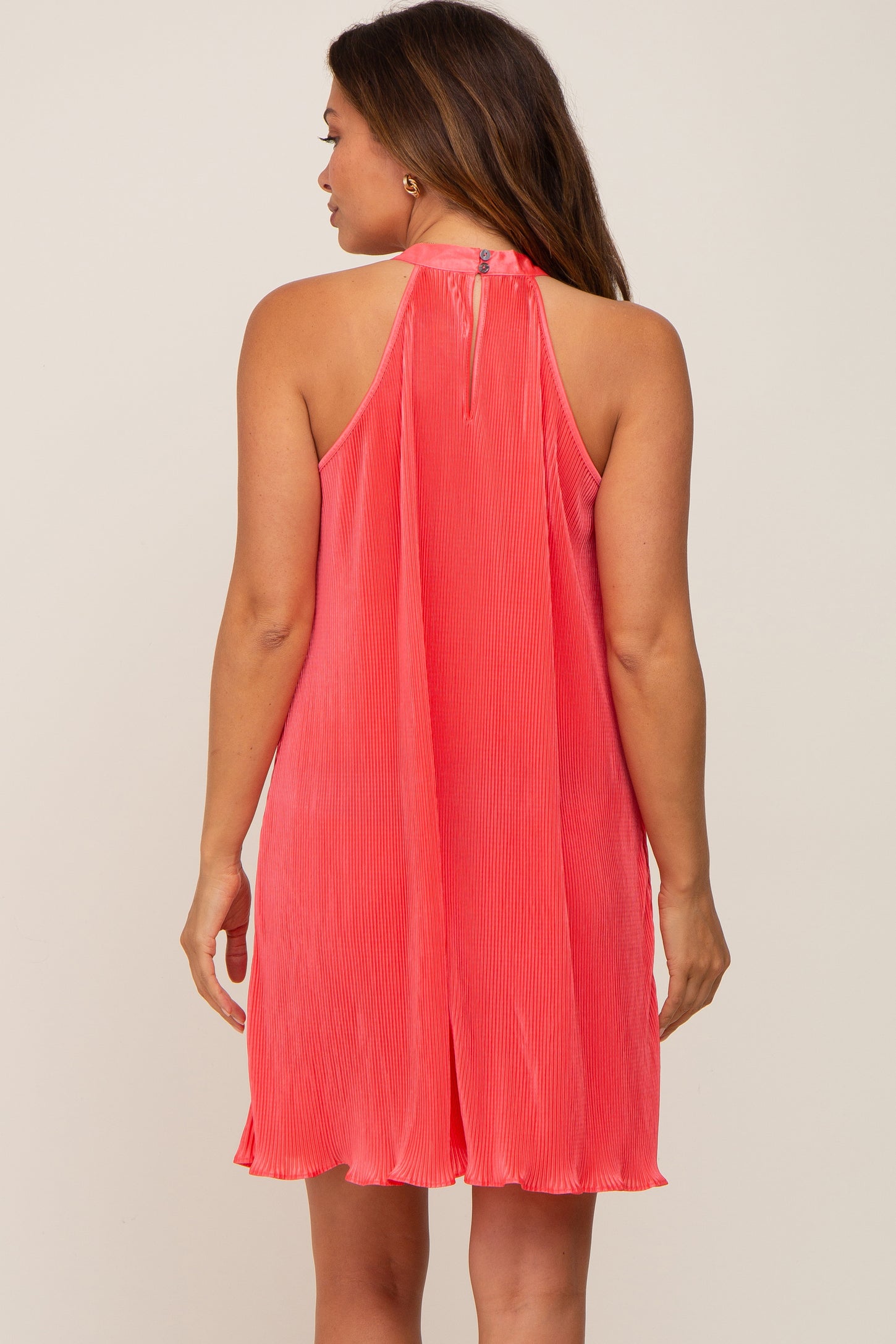 Coral Pleated Plisse Halter Maternity Dress