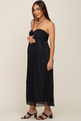 Black Pleated Cross Front Halter Maternity Midi Dress