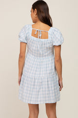 Light Blue Gingham Square Neck Button Front Maternity Dress