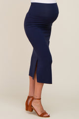Navy Blue Side Slit Maternity Midi Skirt