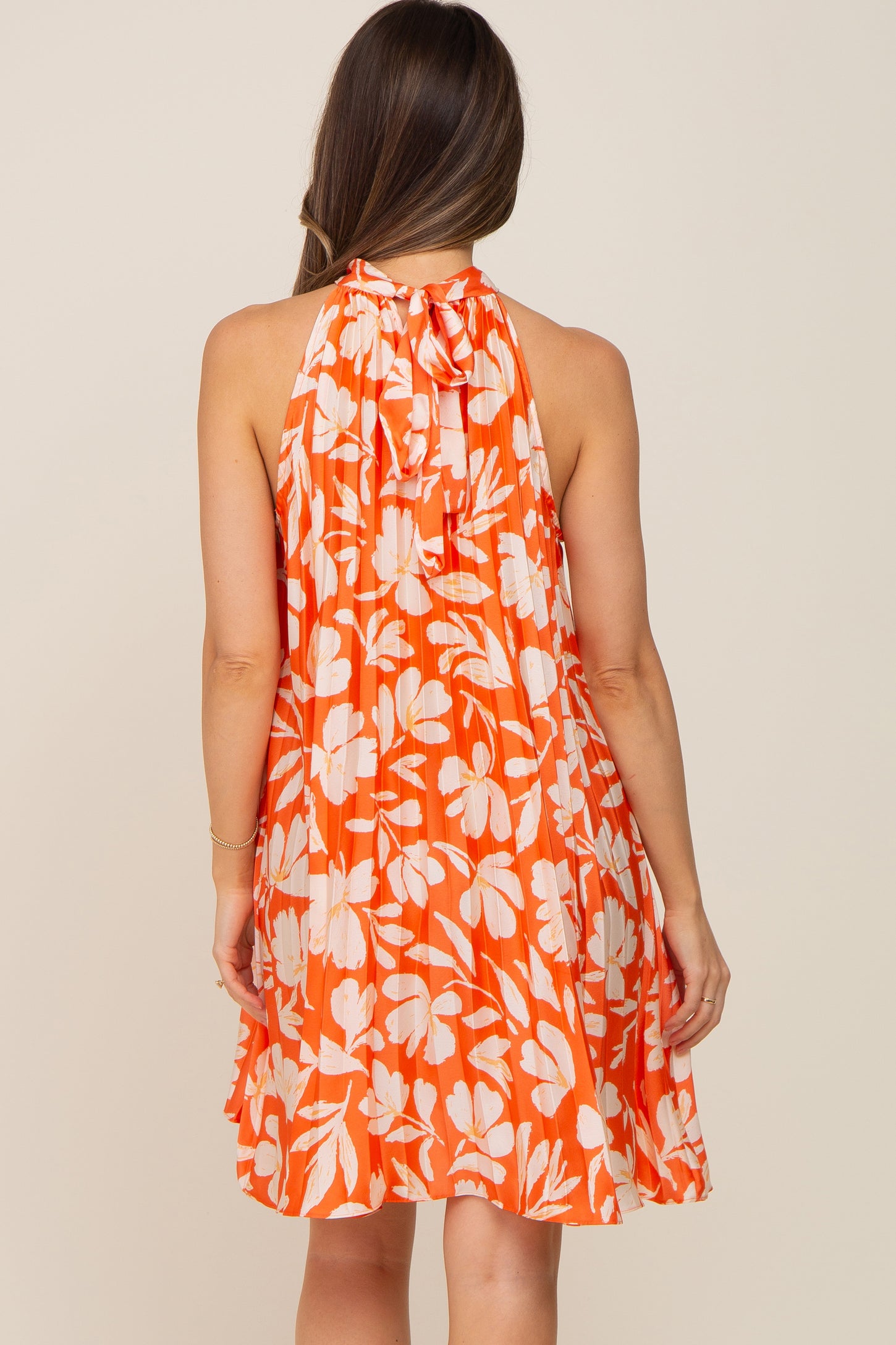 Orange Floral Pleated Mock Neck Maternity Dress