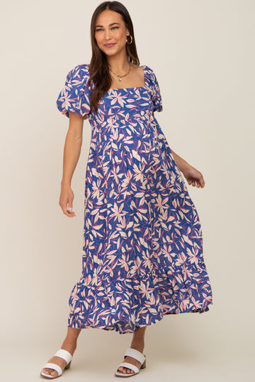 Blue Floral Puff Sleeve Maternity Midi Dress