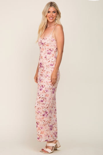 Pink Floral Mesh V-Neck Maxi Dress