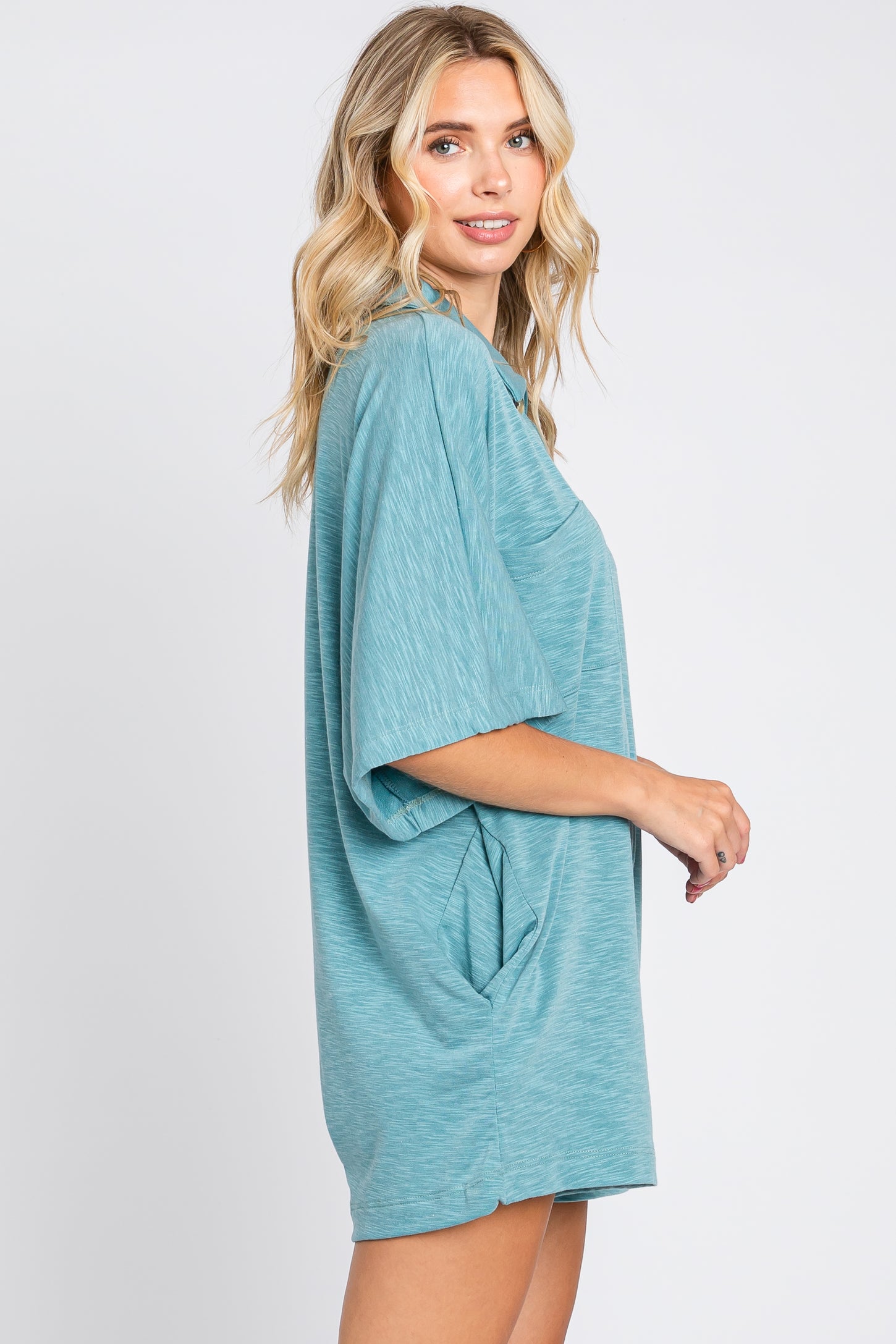 Teal Heathered Front Button Romper