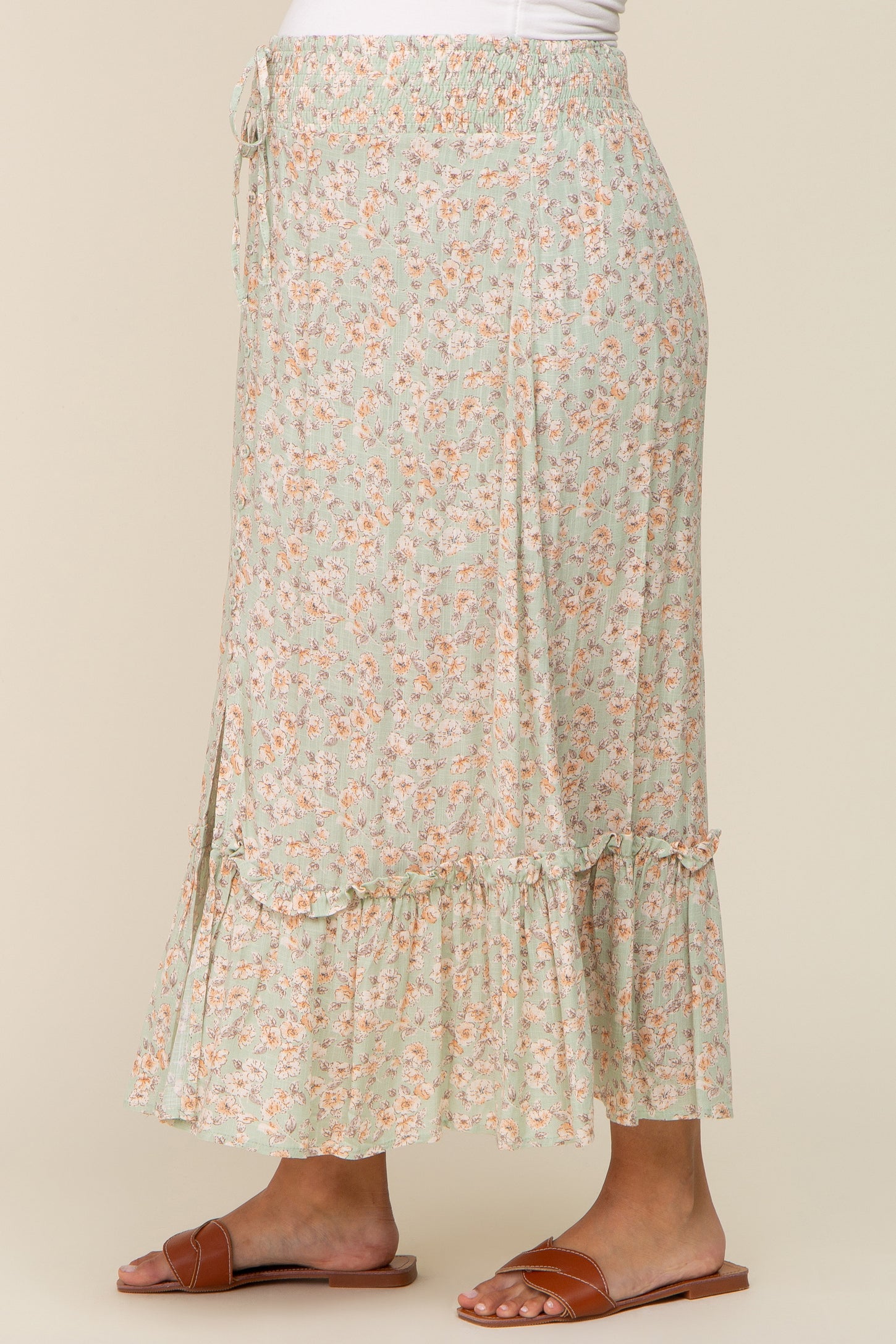 Mint Floral Button Ruffle Maternity Maxi Skirt
