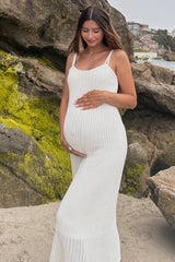 White Open Knit Crochet Maternity Midi Dress