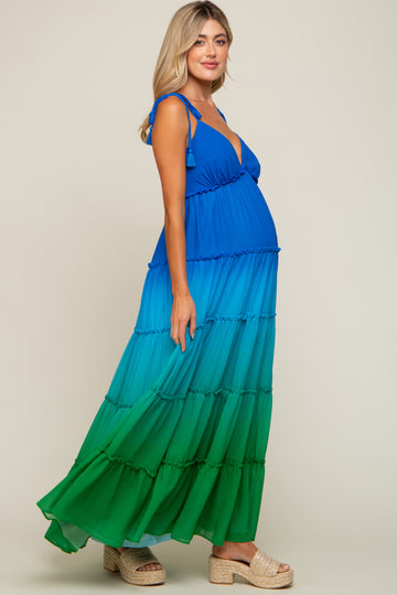 Blue Ombre Chiffon Shoulder Tie Tiered Maternity Maxi Dress