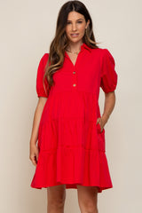 Red Collared Tiered Maternity Dress