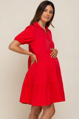 Red Collared Tiered Maternity Dress