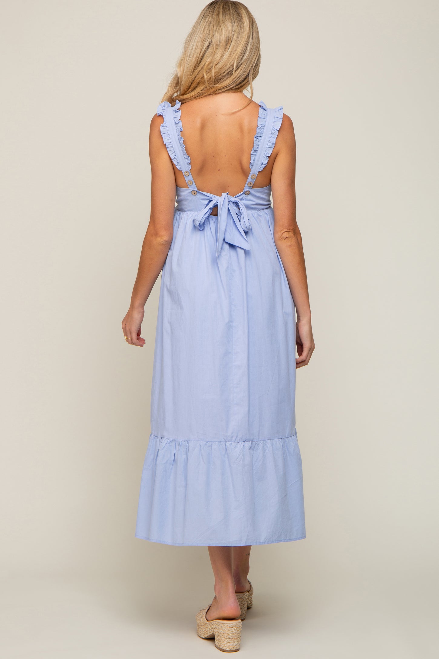Light Blue Ruffle Accent Back Tie Maternity Midi Dress