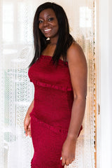 Burgundy Satin Smocked Fitted Midi Dress