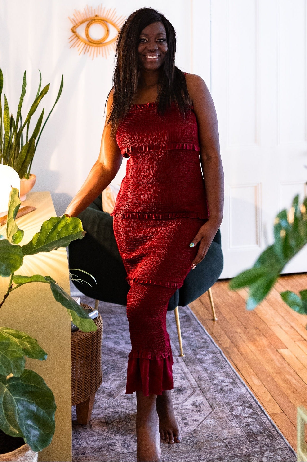 Burgundy Satin Smocked Fitted Midi Dress