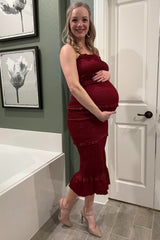 Burgundy Satin Smocked Fitted Maternity Midi Dress