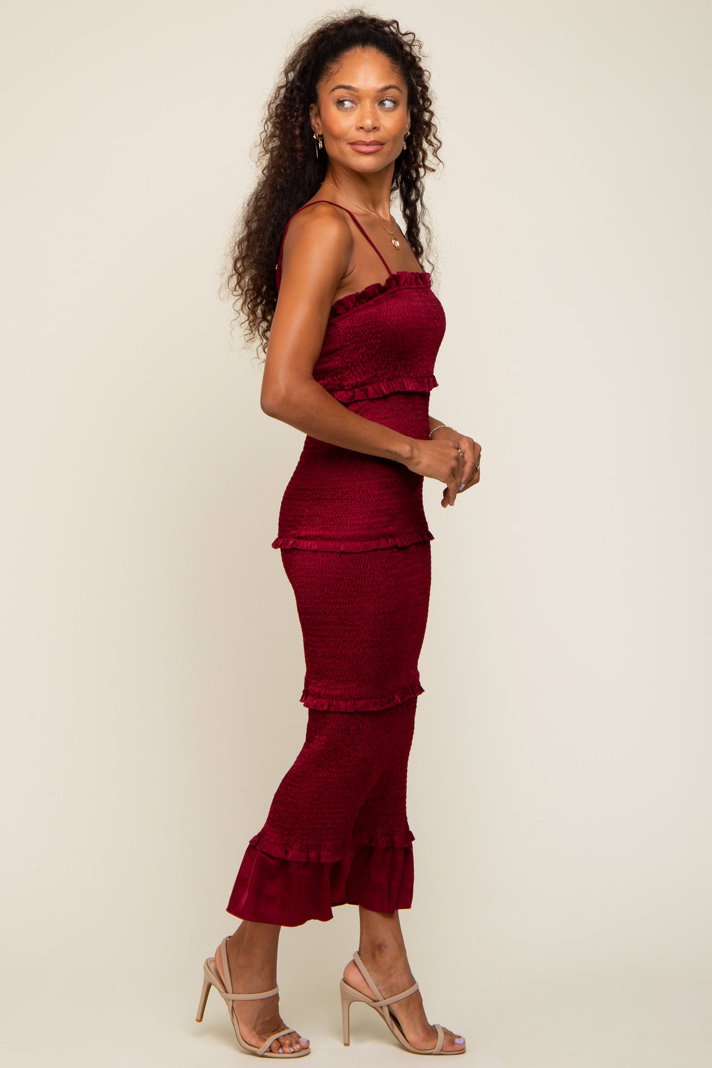 Burgundy Satin Smocked Fitted Midi Dress