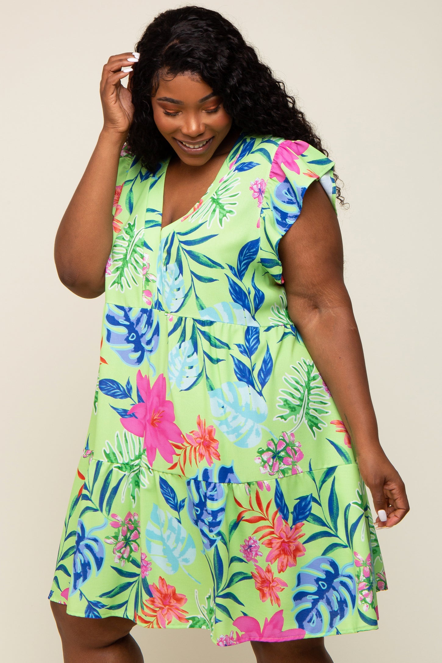 Mint Green Tropical Floral Print Plus Dress