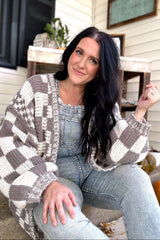 Mocha Checkered Oversized Chunky Knit Cardigan
