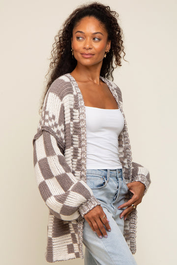 Mocha Checkered Oversized Chunky Knit Cardigan