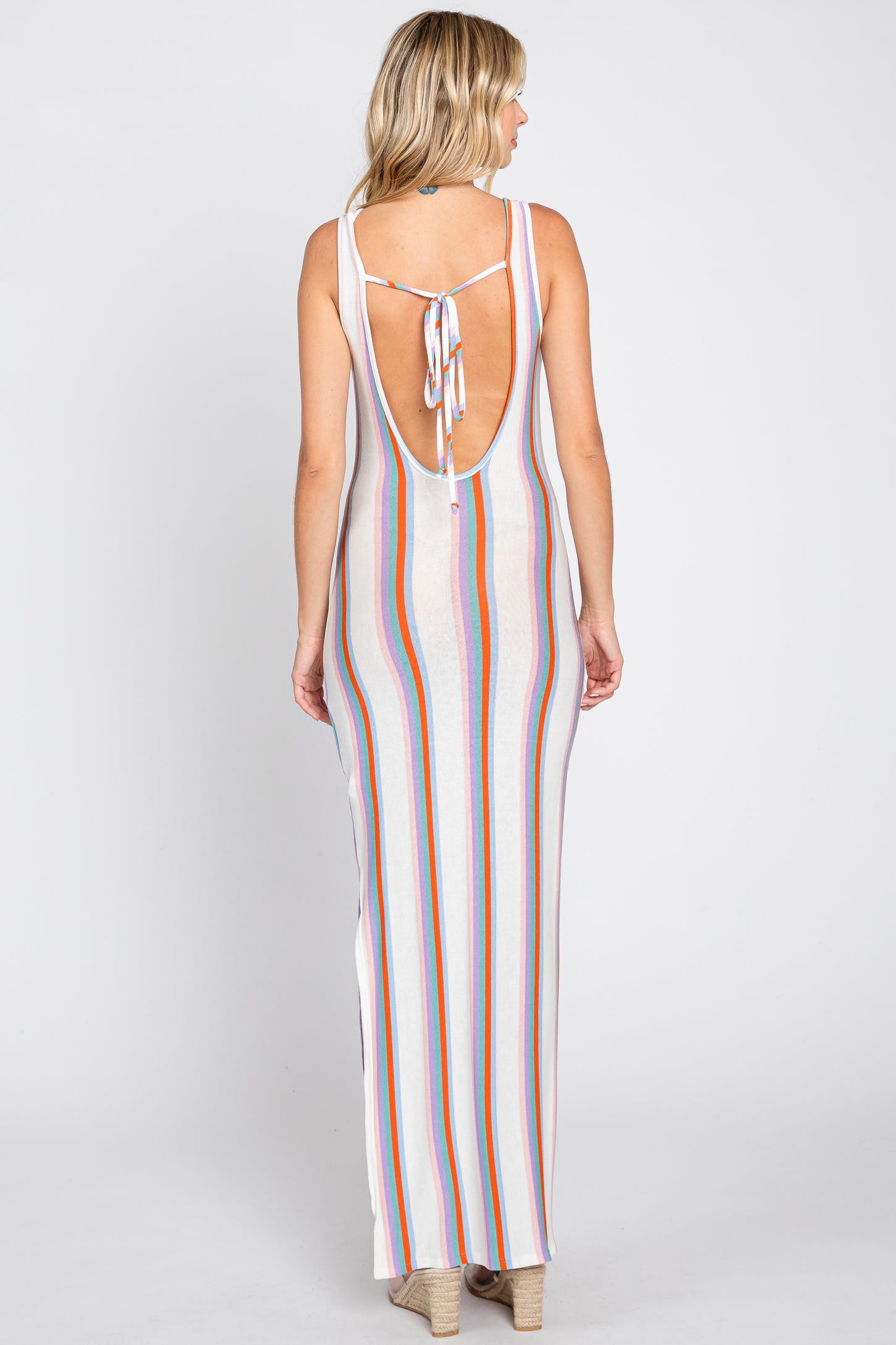 Multi Color Striped Open Back Maxi Dress