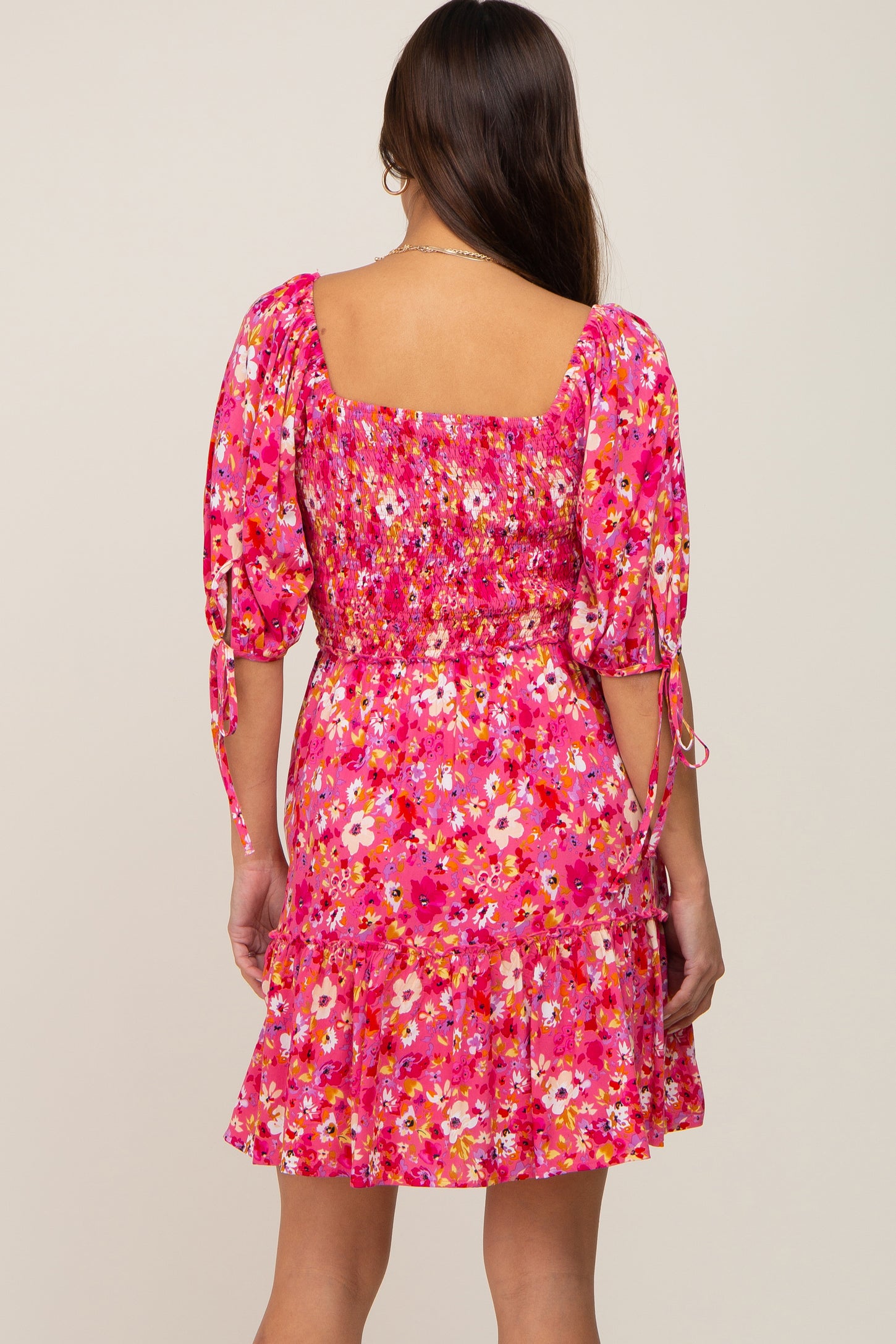 Fuchsia Floral Smocked Square Neck Ruffle Maternity Dress