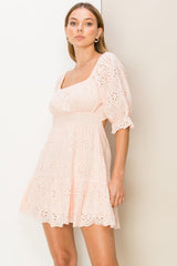 Blush Bow-Detail Eyelet Mini Dress