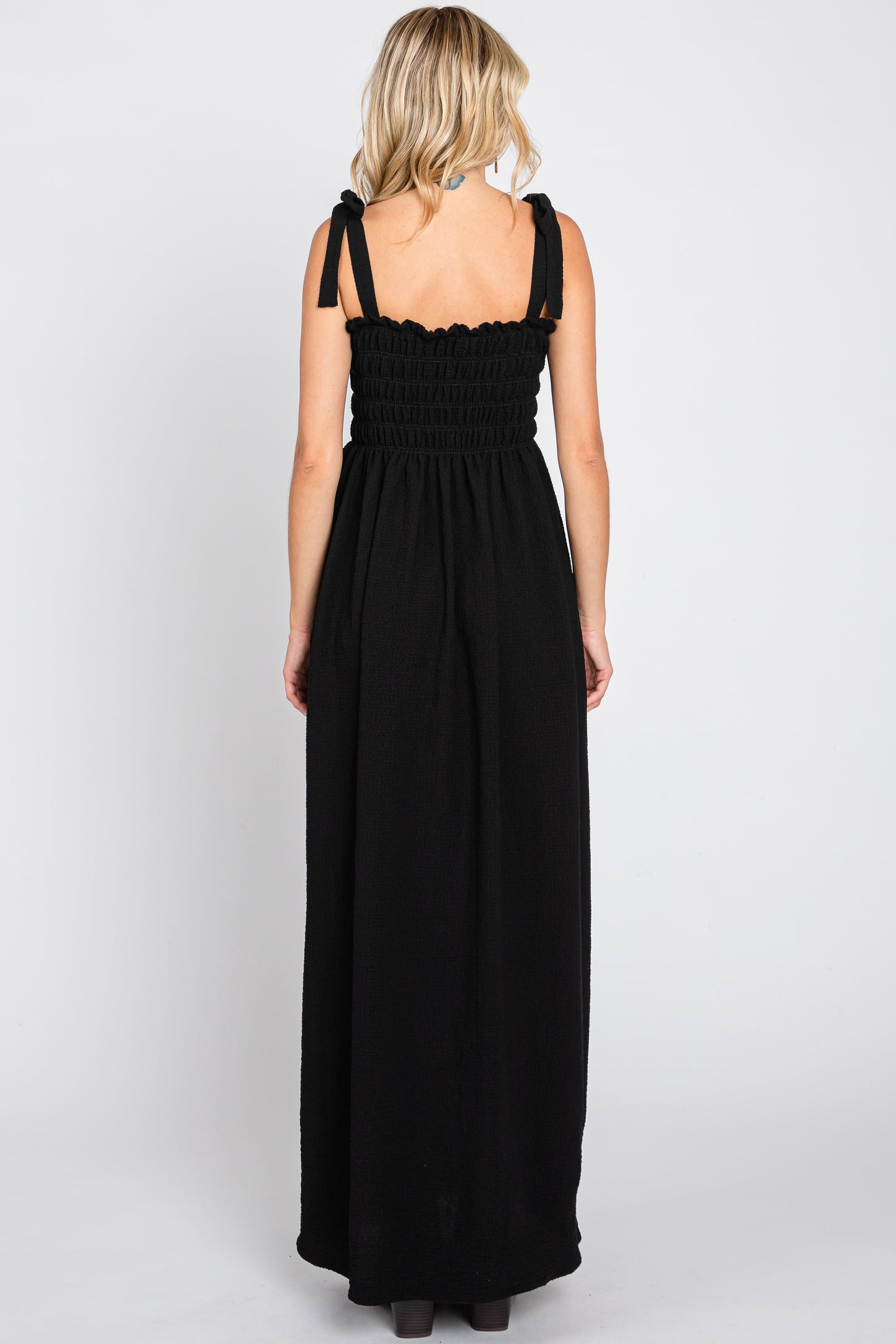 Black Textured Smocked Shoulder Tie Maxi Dress