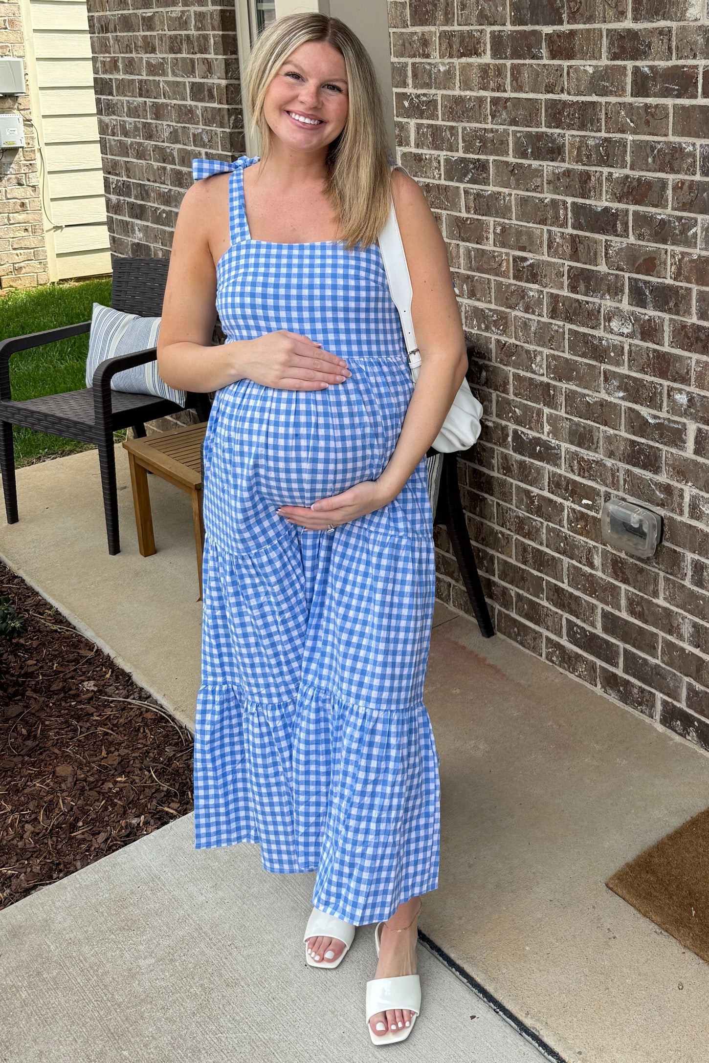 Blue Checkered Sleeveless Tiered Maternity Maxi Dress