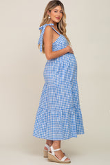 Blue Checkered Sleeveless Tiered Maternity Maxi Dress