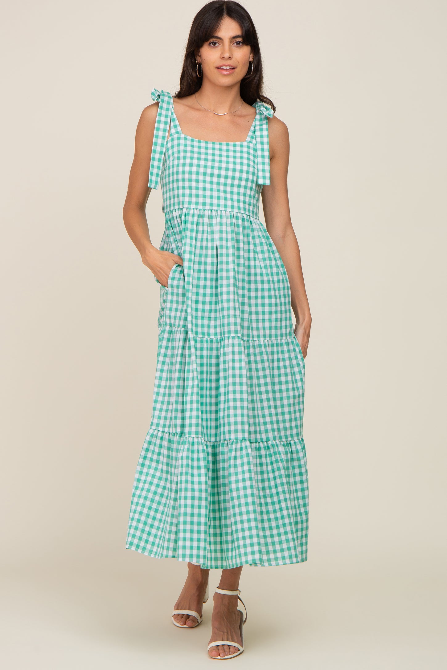 Green Checkered Sleeveless Tiered Maxi Dress