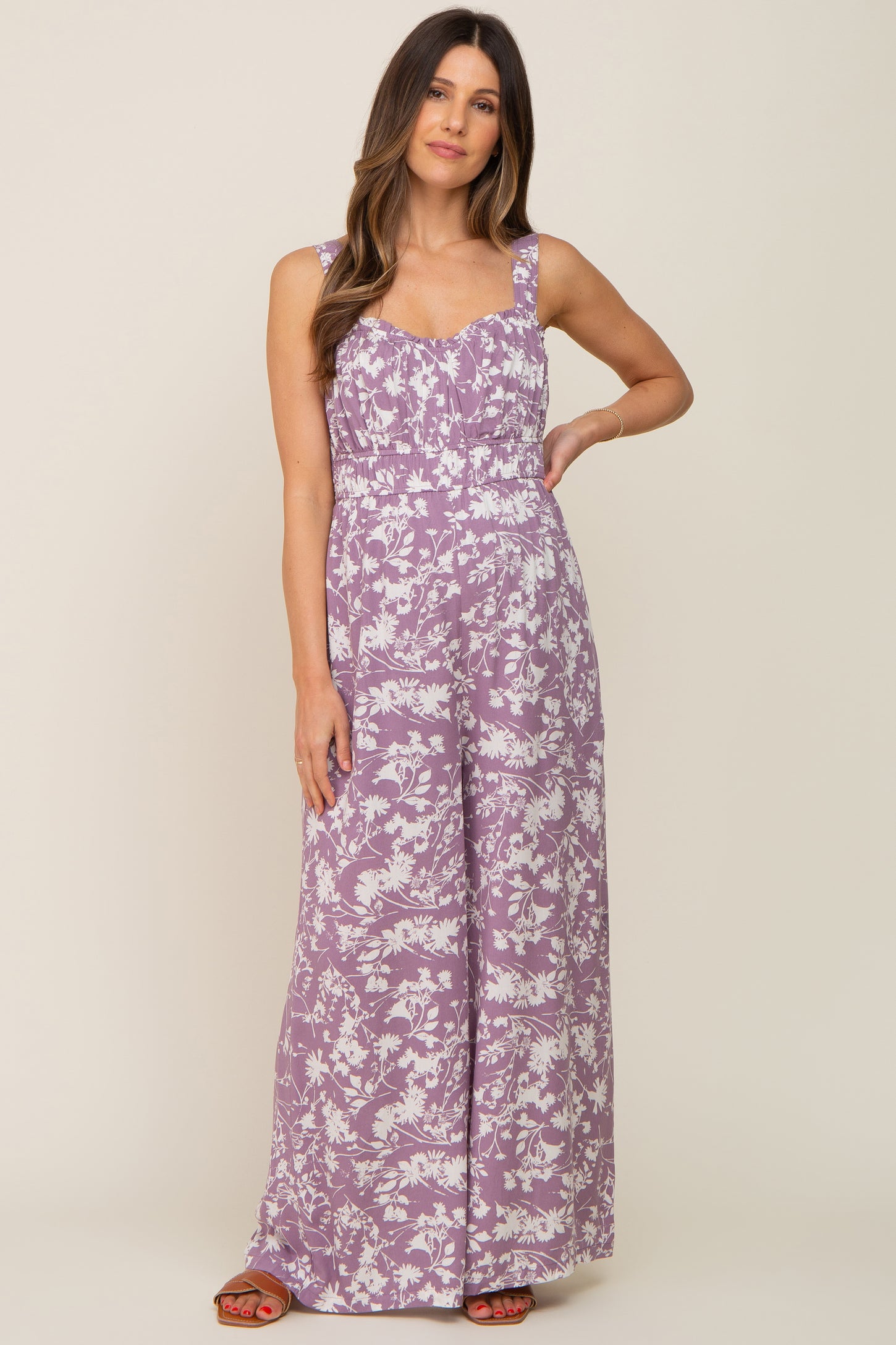 Lavender Floral Sweetheart Neck Maternity Jumpsuit