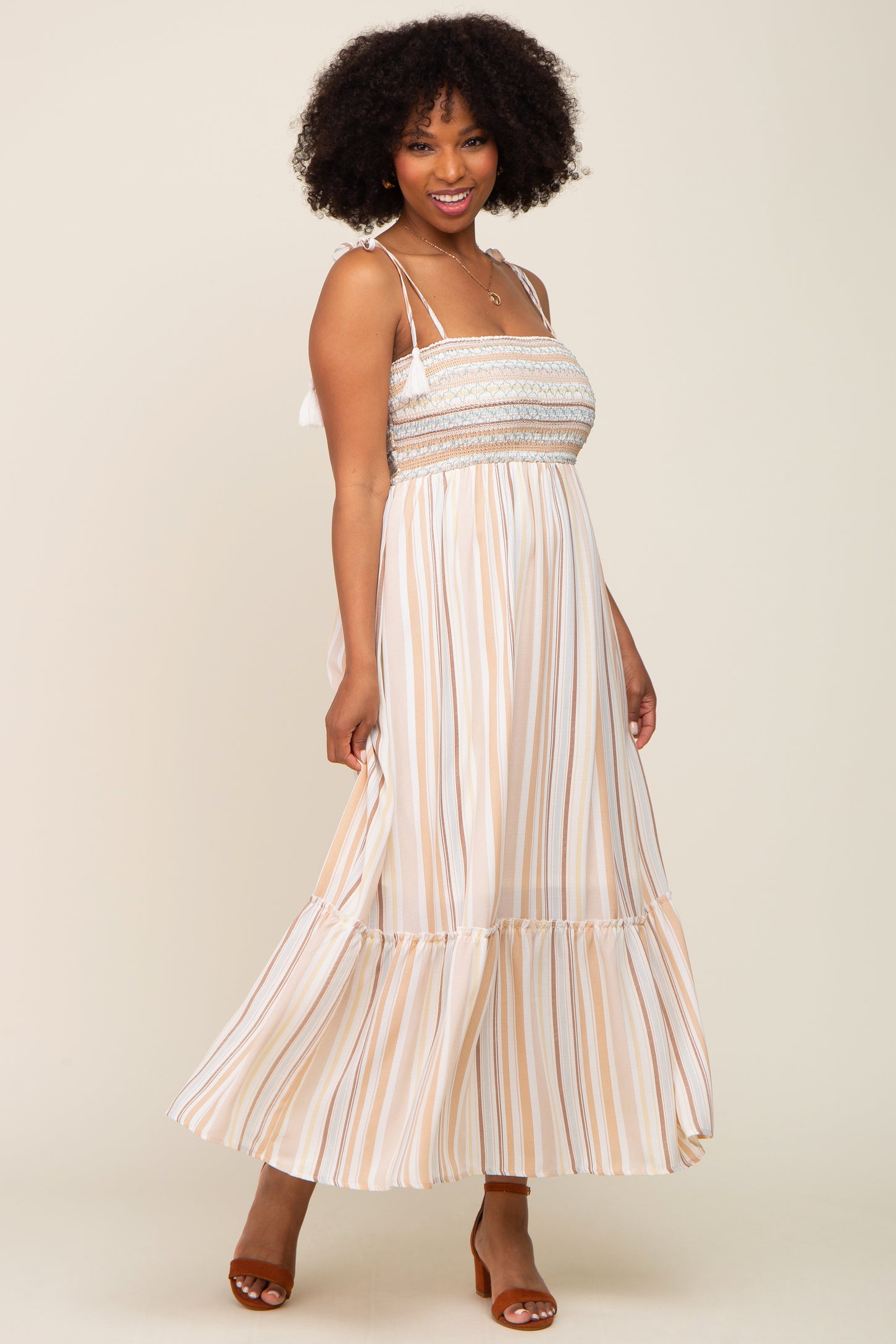 Ivory Striped Smocked Shoulder Tie Maternity Maxi Dress