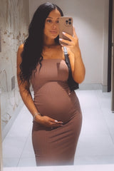 Mocha Ribbed Sleeveless Dress Cardigan Maternity Set