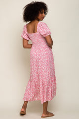 Pink Floral Smocked Short Sleeve Midi Dress