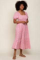 Pink Floral Smocked Short Sleeve Midi Dress