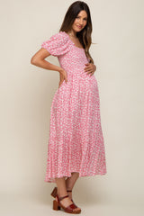 Pink Floral Smocked Short Sleeve Maternity Midi Dress